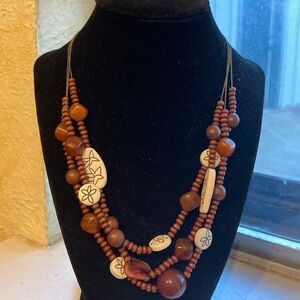 Etched tribal wooden beads, shells, gold chain multi‎ strand statement necklace